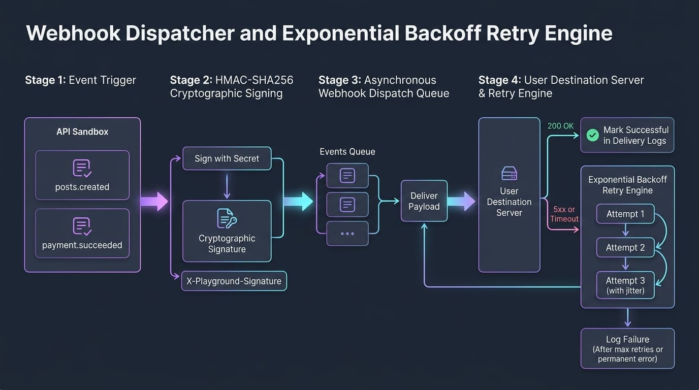Playground API Webhook Dispatcher and Exponential Backoff Retry Engine Workflow Diagram