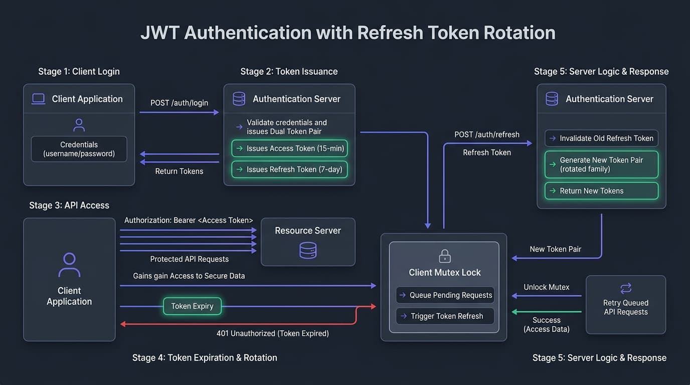 Playground API JWT Authentication and Refresh Token Rotation Workflow Diagram